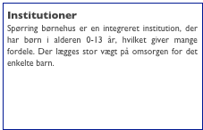 Institutioner
Spørring børnehus er en integreret institution, der har børn i alderen 0-13 år, hvilket giver mange fordele. Der lægges stor vægt på omsorgen for det enkelte barn.


